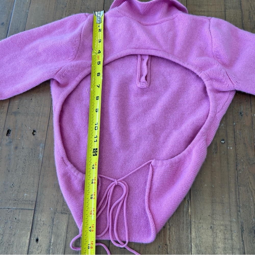 FRANKIES BIKINIS Mary Jane 100% Cashmere Polo Open Tie Back Sweater Medium Rose - Picture 9 of 10
